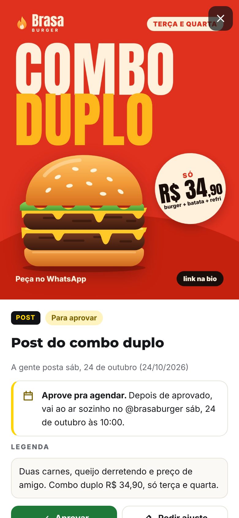 Conteúdo aberto no app com os botões aprovar, pedir ajuste e baixar em alta